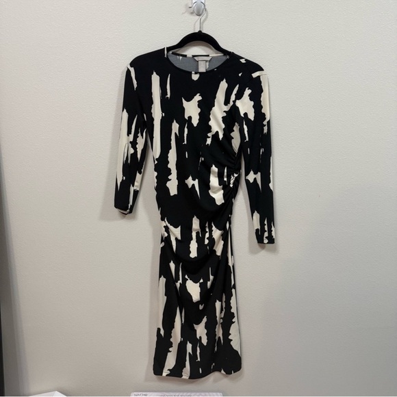 H&M Black White Abstract Print Ruched Midi Dress Long Sleeve Small - Picture 3 of 5